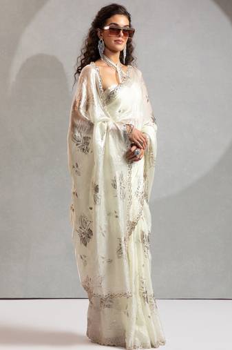 Off white handwork zarkan border work satin silk party wear saree