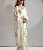 Off white handwork zarkan border work satin silk party wear saree