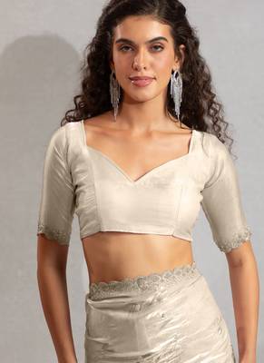 Off white handwork zarkan border work satin silk party wear saree 3