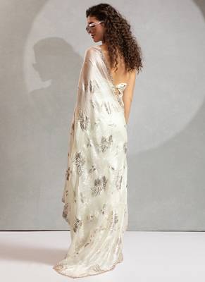 Off white handwork zarkan border work satin silk party wear saree 4