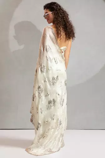 Off white handwork zarkan border work satin silk party wear saree