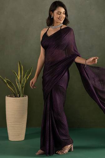 Purple designer printed work chiffon casual wear saree