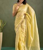 Golden chiffon heavy lace border work party wear saree