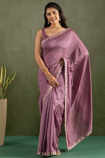 Lavender chiffon heavy lace border work party wear saree