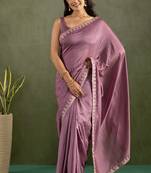 Lavender chiffon heavy lace border work party wear saree