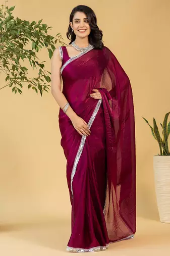 Magenta chiffon heavy lace border work party wear saree