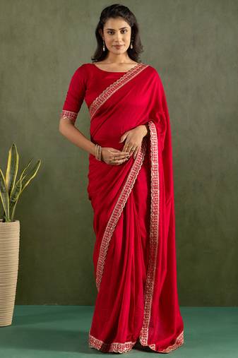 Red chiffon heavy lace border work party wear saree