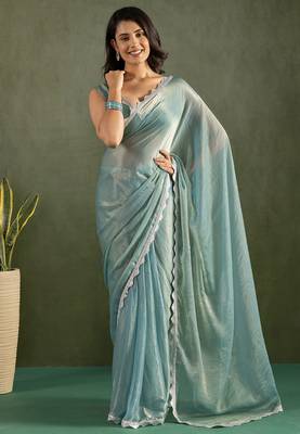 Sea green chiffon heavy lace border work party wear saree 2