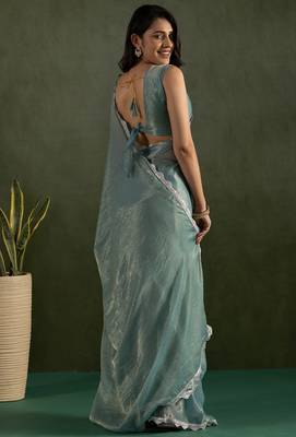 Sea green chiffon heavy lace border work party wear saree 3