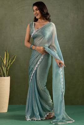 Sea green chiffon heavy lace border work party wear saree 5