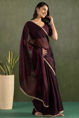 Purple chiffon heavy lace border work party wear saree 4