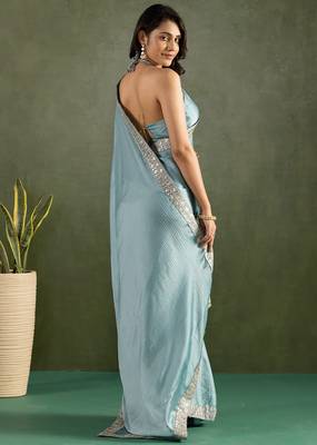 Sky blue chiffon heavy lace border work party wear saree 2