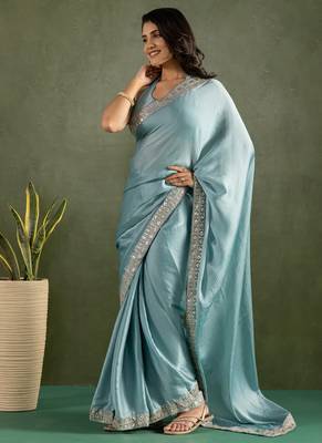 Sky blue chiffon heavy lace border work party wear saree 4