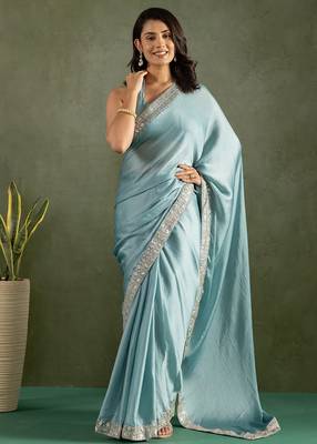 Sky blue chiffon heavy lace border work party wear saree 5