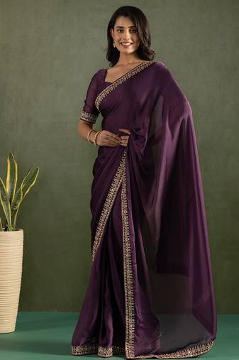 Lavender chiffon heavy lace border work party wear saree