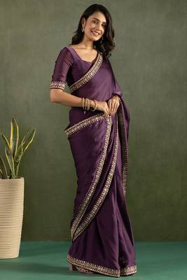 Lavender chiffon heavy lace border work party wear saree 2