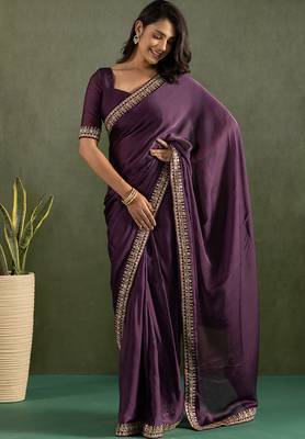 Lavender chiffon heavy lace border work party wear saree 3