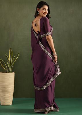 Lavender chiffon heavy lace border work party wear saree 4