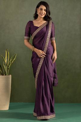 Lavender chiffon heavy lace border work party wear saree 5