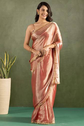 Peach chiffon heavy lace border work party wear saree