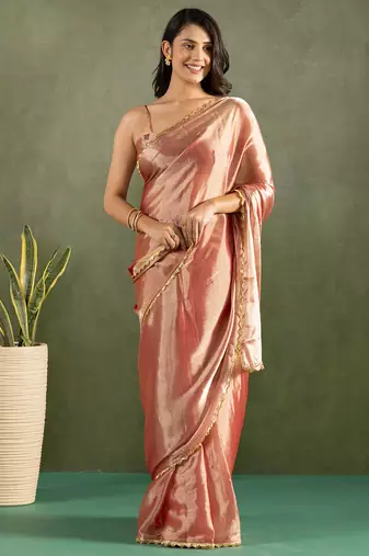 Peach chiffon heavy lace border work party wear saree