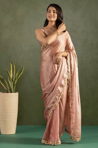 Peach chiffon heavy lace border work party wear saree