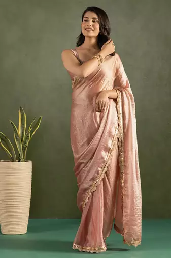 Peach chiffon heavy lace border work party wear saree