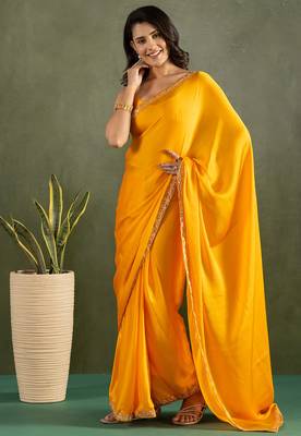 Orange chiffon heavy lace border work party wear saree 4