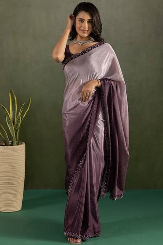 Lavender chiffon heavy lace border work party wear saree