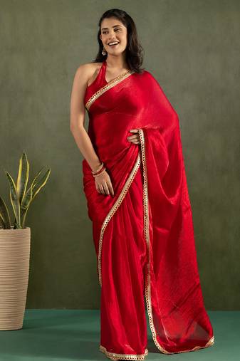 Red chiffon heavy lace border work party wear saree