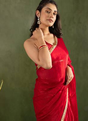 Red chiffon heavy lace border work party wear saree 3