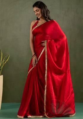 Red chiffon heavy lace border work party wear saree 4