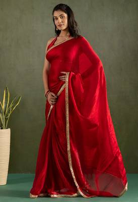Red chiffon heavy lace border work party wear saree 5