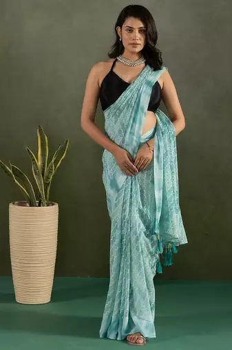 Sky blue designer printed work chiffon casual wear saree