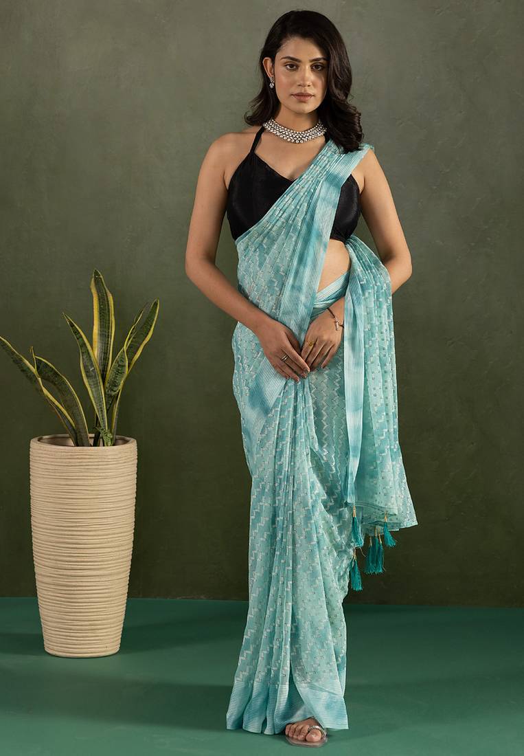 Sky blue designer printed work chiffon casual wear saree