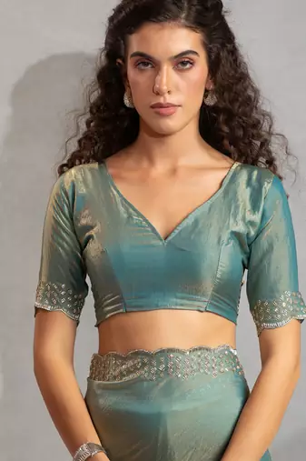 Ice blue handwork zarkan border work silk party wear saree