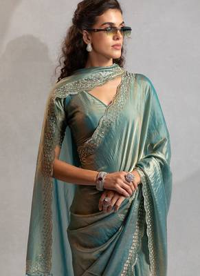 Ice blue handwork zarkan border work silk party wear saree 5