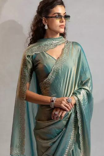 Ice blue handwork zarkan border work silk party wear saree