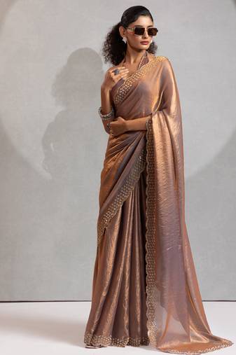 Grey handwork zarkan border work silk party wear saree