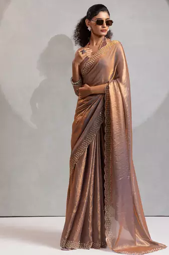 Grey handwork zarkan border work silk party wear saree