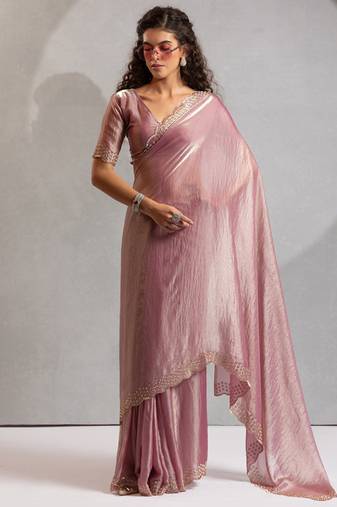 Pink handwork zarkan border work silk party wear saree