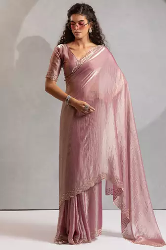 Pink handwork zarkan border work silk party wear saree