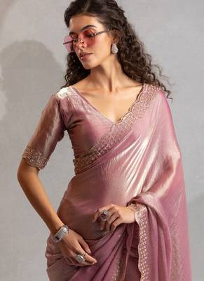 Pink handwork zarkan border work silk party wear saree 5