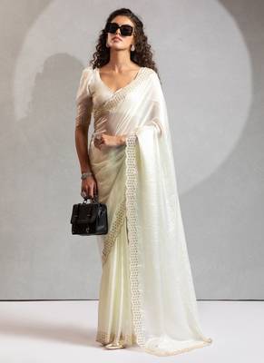 White handwork zarkan border work silk party wear saree 1