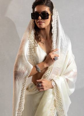 White handwork zarkan border work silk party wear saree 5