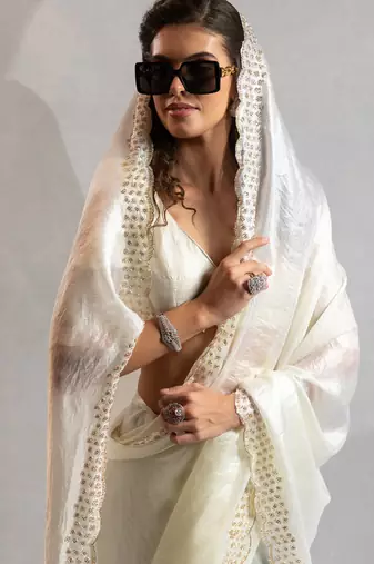 White handwork zarkan border work silk party wear saree