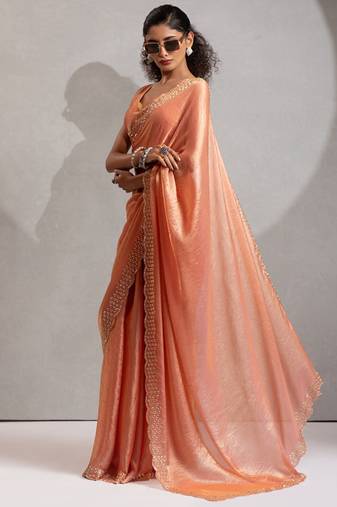 Peach handwork zarkan border work silk party wear saree