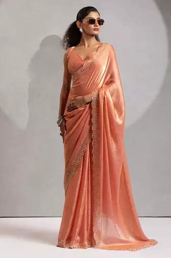Peach handwork zarkan border work silk party wear saree