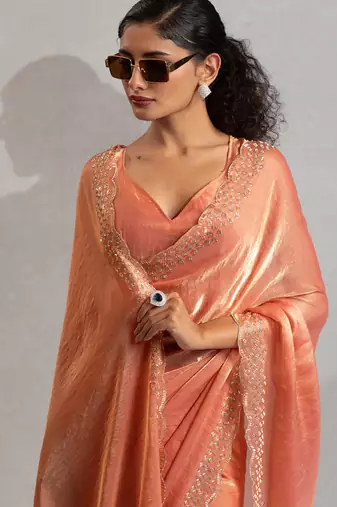 Peach handwork zarkan border work silk party wear saree