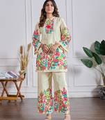 Off white floral printed mandarin collar cotton top with trouser